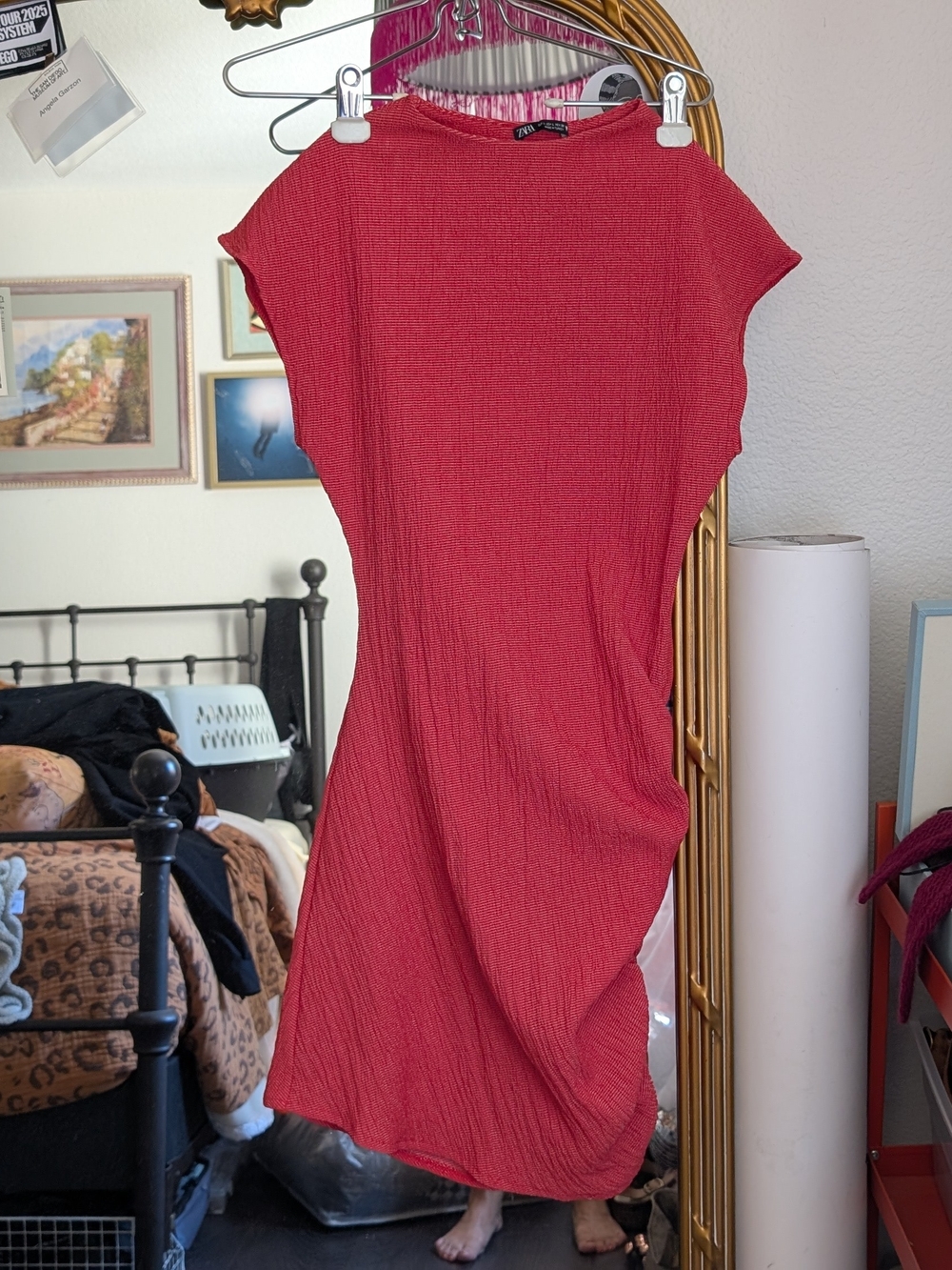 Zara Red Coral Ruched Textured Mini Dress - Large